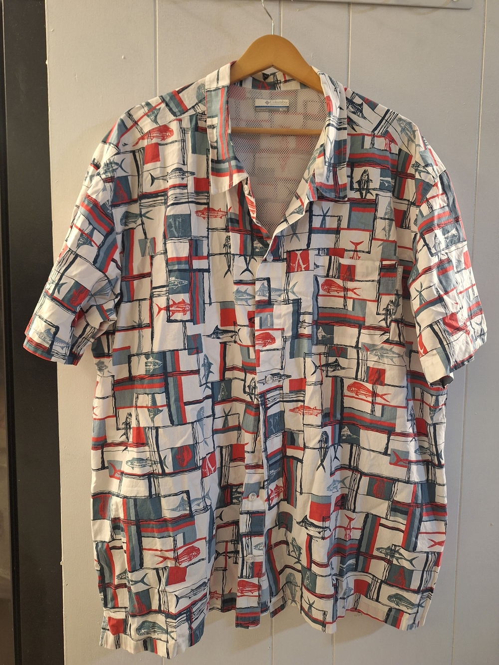 Columbia Short-Sleeve Button-Down Shirt in White with Red & Blue Print